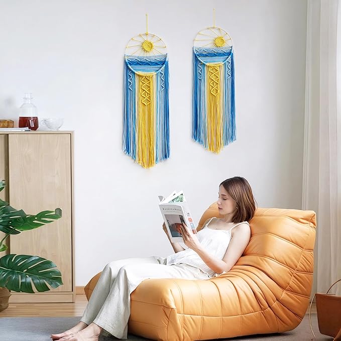 2 Pack Blue Sun Wall Decor Macrame Hanging Tapestry Sunshine Sunset Wall Art Set, Rustic Woven Tapestries Boho Dream Catcher Colorful Decor for Bedroom Living Room Nursery (Blue 2Pcs)