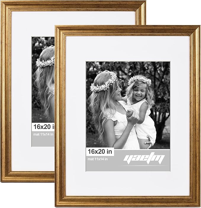 Yaetm 16x20 Picture Frame Matted to 11x14 Set of 2, 1.4” Wide Molding & Rustic Gold Poster Frames 16 x 20 for Wall Gallery, Home and Office, Wall Mount (2 pack, Gold)