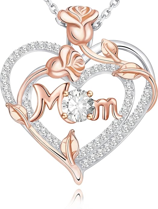 Mothers Day Gifts for Mom - Rose Heart Necklaces for Women, 925 Sterling Silver Birthstone Jewelry to My Wife Necklace, Birthday Gifts for Mother Grandma Girlfriend Her
