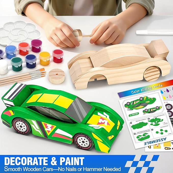 Arts & Crafts Kit DIY Toys for Kids Age 8-12, Build & Paint Your Own Wooden Car, 6 Race Cars, Easy to Assemble Painting Sets, Christmas Birthday Gifts for 4 5 6 7 8 9 10 11 12 Year Old Boys Girls.
