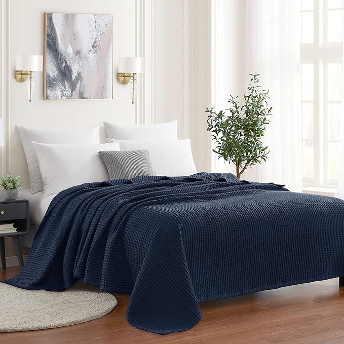 Sweet Home Collection 100% Fine Cotton Blanket Luxurious Weave Stylish Design Soft and Comfortable All Season Warmth, Full/Queen, Waffle Weave Navy (Pack of 6)