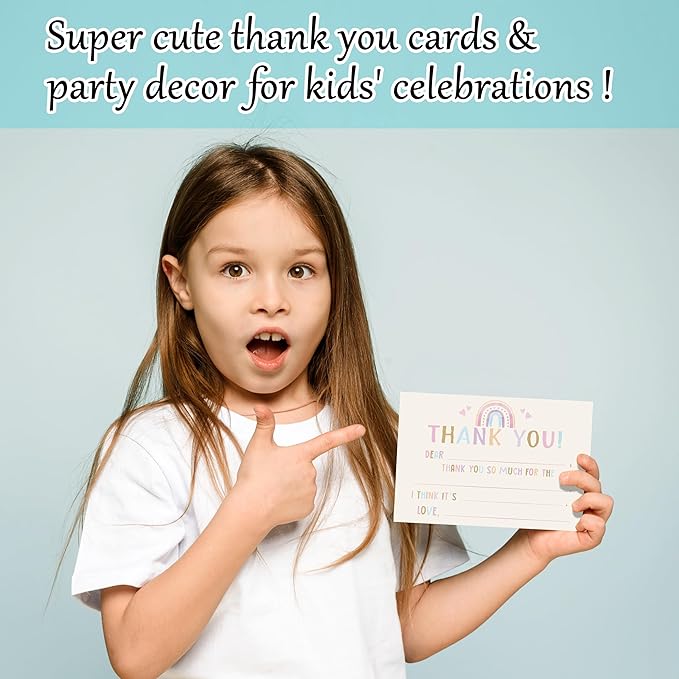Boho Kids Thank You Cards, Rainbow Thank You Card For Baby Shower Birthday Party, Kids Fill In The Blank Birthday Cards, 20 Pack Cards With Envelopes For Boys Girls, 016
