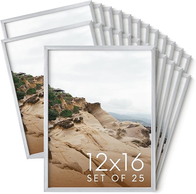 HAUS AND HUES 12x16 Silver Metal Picture Frames - Features Premium Aluminum, Vertical & Horizontal Hang, Shatterproof Plexiglass - Perfect for Home, Room, Office (12x16 in, Silver, Set of 25)