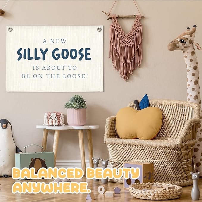Silly Goose Kids Room Decor, A New Silly Goose Linen Canvas Banner, Blue Goose Nursery Wall Hanging for Boys Girls Room, Playroom Decor Banner Nursery Wall Art Boy Playroom Decor, 30x20 Inch