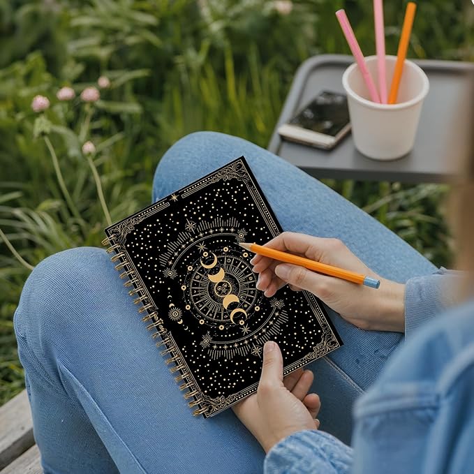 Sun and Moon Witchy Notebook, Witch Gothic Celestial Journal, Witchy Gifts for Women, Mystical Gold Moon Tarot Card Spiral Journal Notebook, 5.5x8.3 Inch