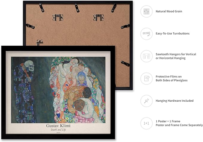 Poster Master Vintage Gustav Klimt Poster - Retro Death and Life Print - Art Nouveau - Symbolism Art - Abstract Art - Aesthetic Art - Classic Painting - Living Room Decor - 8x10 Black Framed