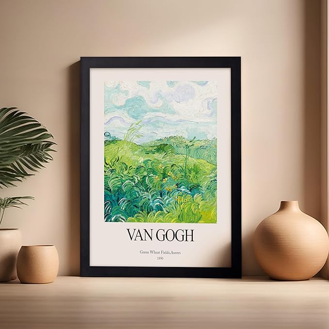 Monem Art Vintage Van Gogh Poster - Retro Impressionist Print - Green Wheat Fields, Auvers, Sky, Leaves, Landscape - Gift for Artist, Friend - Wall Decor for Home, Office, 16x20 Black Framed