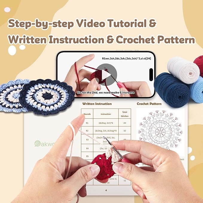 OAKWOOMA Crochet Kit for Beginners, Easy Arts and Crafts Knitting & Crochet Coaster Kit with Step-by-Step Video Tutorials, Crochet Starter Kits for Adults, Teens, Kids (Mandala)
