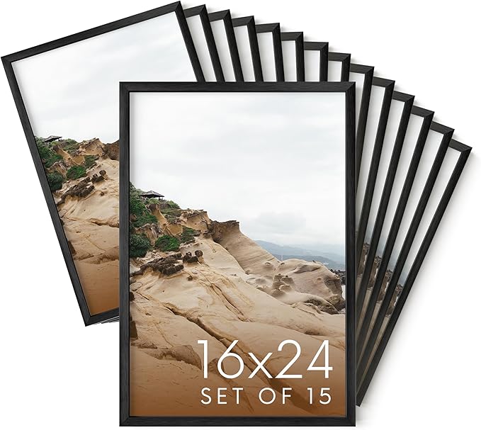 HAUS AND HUES 16x24 Black Metal Picture Frames - Features Premium Aluminum, Vertical & Horizontal Hang, Shatterproof Plexiglass - Ideal for Home, Room, Office (16x24 in, Black, Set of 15)