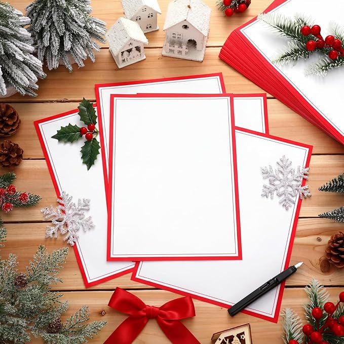 Glenmal 200 Pcs Christmas Stationery Printer Paper 8.5 x 11'' Red Border Letterhead Bulk Letter Size Holiday Writing Paper Letterhead for Xmas New Year Greeting Cards Invitations Business Printing