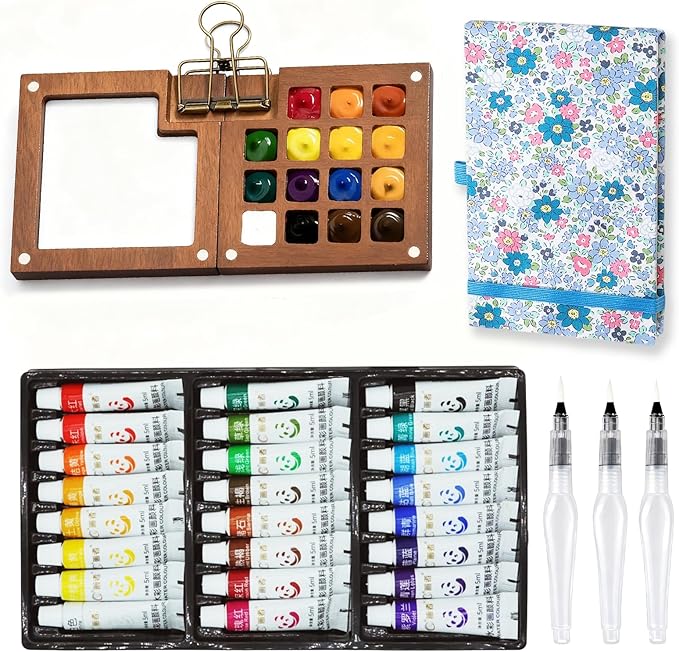 Mini Portable Watercolor Palette Set-Grid Paint Box with Binder Clips Include 24 Colors Paint - Brush*3 and Picture Album Art Materials Coloring Markers (Blue Wood-L)