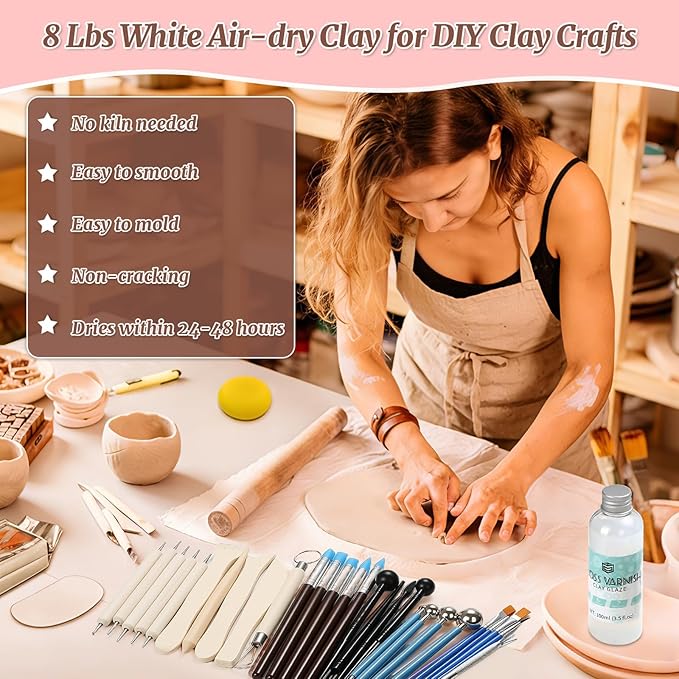 Natural Air-Dry Clay, 8 LBs Pottery Clay with 100ML Glaze Gloss Clay Varnish Protects and 27 PCS Pottery Tools Sculpting Tool Set, Air-Dry Clay Kit for Adults Beginner DIY Craft Gift