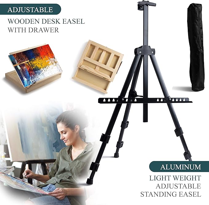 Large Deluxe Artist Painting Set, 141-Piece Professional Art Paint Supplies Kit w/Aluminum Field & Wood Table Easel for Adults, Acrylic, Oil, Watercolor Paints, Brushes, Canvases, Sketch Pads & More