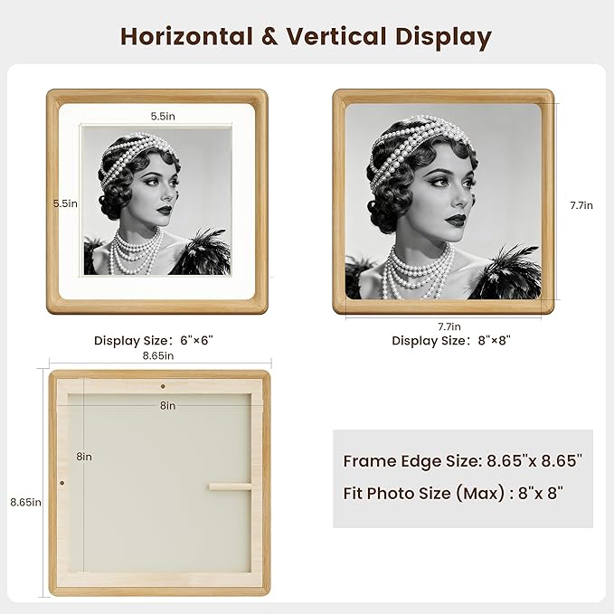 HELPLEX 8x8 Premium Picture Frame Set of 2 - Solid Oak Wood with HD Tempered Glass, Convertible 6x6 Matted or 8x8 Frameless Display, Wall or Tabletop Frame - Home Gallery, Memories Made Easy
