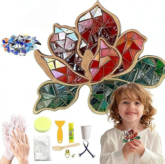 TATREBCRE DIY Mosaic Kit for Adults & Kids – Feather, Bird, Cat & Heart Designs – Christmas Gift Arts and Crafts Kit with Grout & Tools – Easy Mosaic Craft for Beginners (Red Flower)