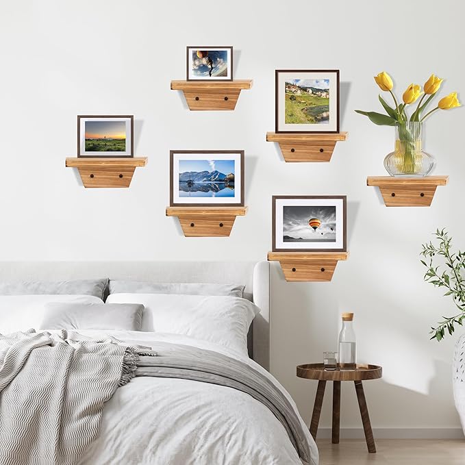 PHOENANCEE Small Floating Shelves,Speaker Shelf,Trapezoid Wall Shelf for Table Lamp Plants Display,Decorative Wood Ledges Chic for Living Room,Bedroom,Kitchen,Pine,8x6 Inch,4 Pack(Carbonized Brown
