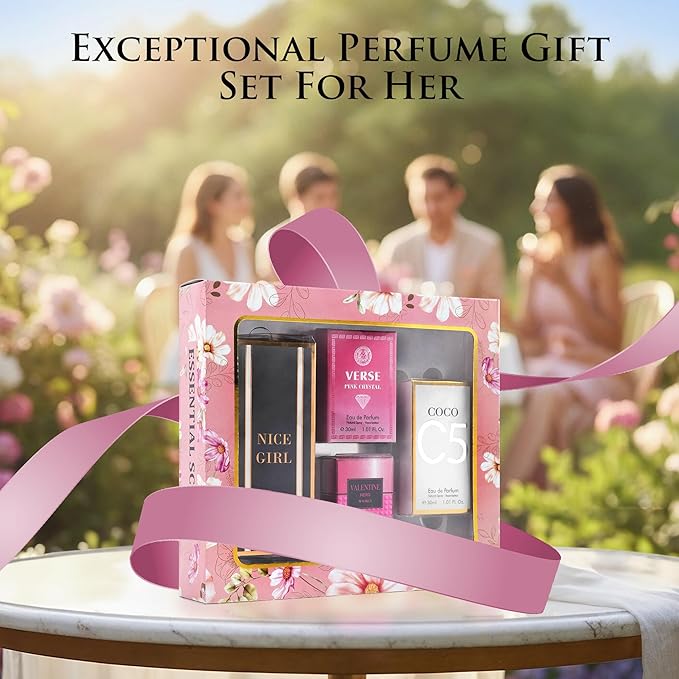 Essential 4 PC Mini Perfume Set, Birthday Gift Set for Women, Eau De Parfum 30ml Each, Vanilla Perfume & Floral Fragrance, Long-Lasting Travel Size, C5, Verse Pink Crystal, Nice Girl & Valentine