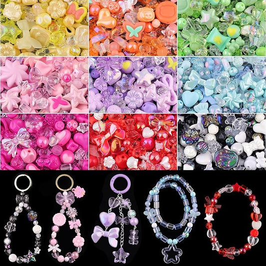 600-650PCS TINKRSTUFF Assorted Acrylic Beads 9 Mixed Colors Cute Beads for Bracelet Making, Bow Aesthetic GummyBear Flower Butterfly Kawaii Charms for Jewelry Making DIY Necklace Keychain Phone Charm