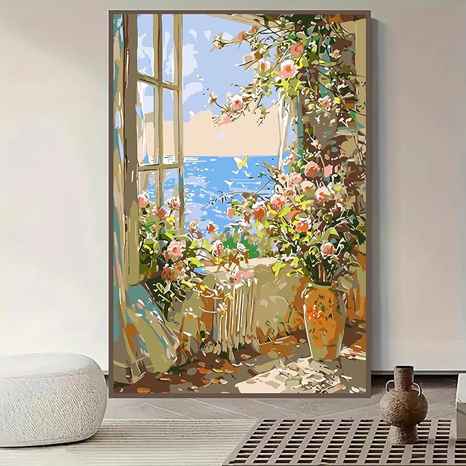 GXGLLPZBY Window Flower Paint by Numbers Kit for Adults Beginner,DIY Window Flower Paint by Numbers for Adults,Easy Canvas Paint by Number Without Frame Home Wall Decor 16 x 20 in