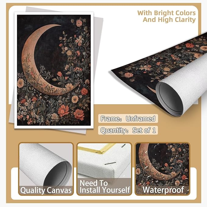 Crescent Moon Floral Canvas Poster Modern Trendy Lunar Wall Art Vintage Dark Celestial Painting Prints Whimsical Botanical Aesthetic Home Decor for Bedroom Living Room 16x24inch Unframed