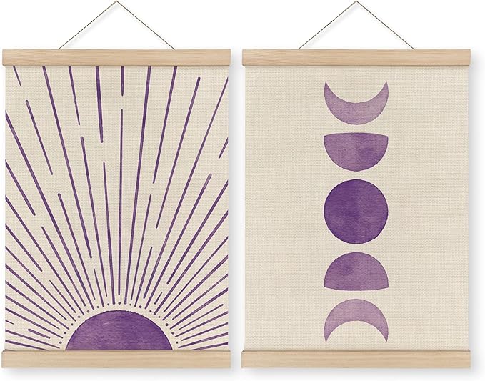 MAQIKA Purple Sun and Moon Wall Decor Poster Framed with Wood Hanger Set of 2, Sunshine Nursery Decor, Moon Phase Hanging Wall Decor, Boho Sunshine Canvas Wall Art Paints for Kids Bedroom 12x16 Inch