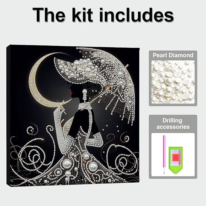DIY Pearl Painting Kit with Wooden Frame, 3D Plastic Pearl Gemstone Ocean Art Craft for Adults Beginners, Diamond Art Kits for Adults, Home Wall Decor Ready Gift for Women(Moon Umbrella Woman)(30*30cm