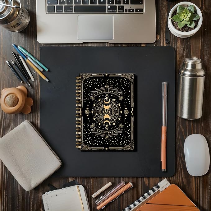 Sun and Moon Witchy Notebook, Witch Gothic Celestial Journal, Witchy Gifts for Women, Mystical Gold Moon Tarot Card Spiral Journal Notebook, 5.5x8.3 Inch