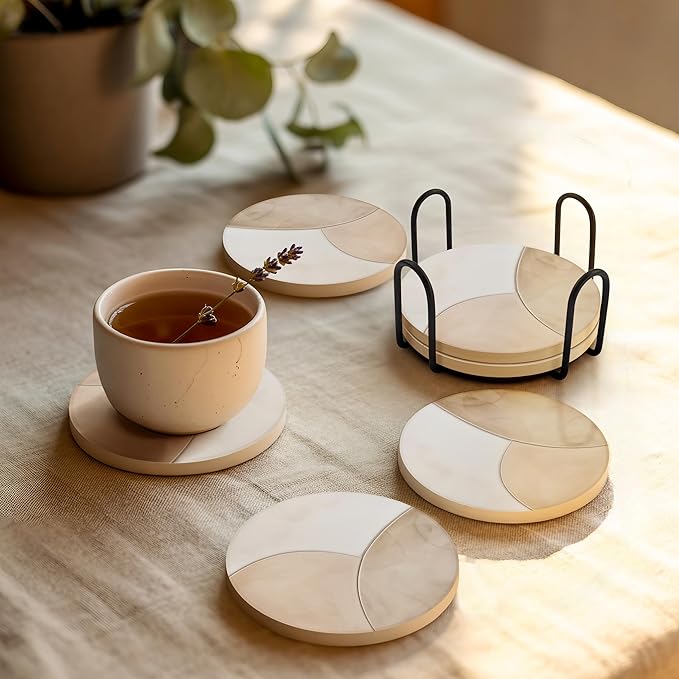 VEYRO Ceramic Coasters Set of 4 – Absorbent Stone Drink Coasters with Holder, Non-Slip Cork Backing, Modern Marble Look Coasters for Coffee Table, Desk & Home Decor