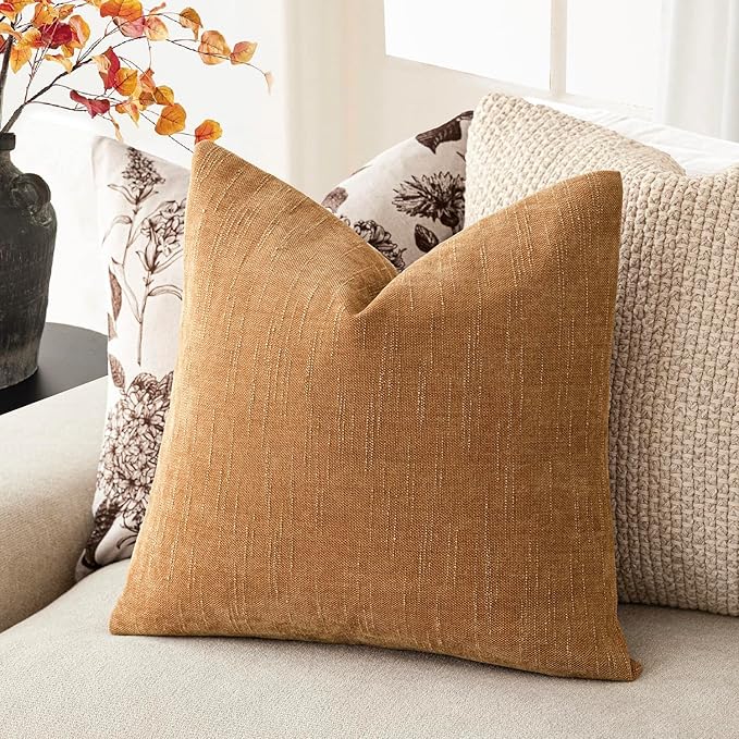 Foindtower Set of 2 Soft Textured Chenille Throw Decorative Pillow Covers Square Accent Solid Cushion Cover Neutral Farmhouse Pillow Case for Couch Sofa Bedroom Living Room 20x20 Inch,Golden Brown