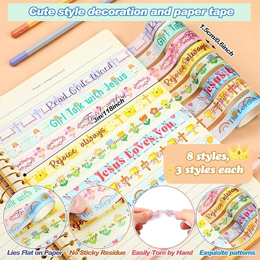 Janlaugh 24 Rolls Christian Washi Tape Gifts Bulk Religious Inspirational Scripture Supplies Bible Verse Tape for Bible Study Journaling Crafting Christmas Stocking Stuffers Gift(Cute)
