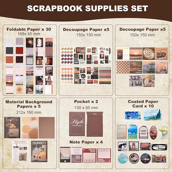 Auguro Vintage Scrapbook Kit A6 Grid Notebook Stationery Junk Journal Kit Travel Scrapbooking Supplies Craft DIY Gift for Adult Teen Girl Aesthetic Journaling Kit