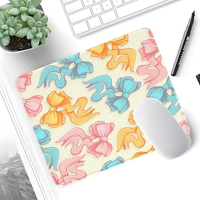 Seorsok Square Aesthetic Oversize Pink Yellow Blue Bows Mouse Mat,Premium Textured Mouse Pads for Office Laptop,Washable Square Mousepads with Extended Stitched Edges Non Slip Rubber Base,Beige