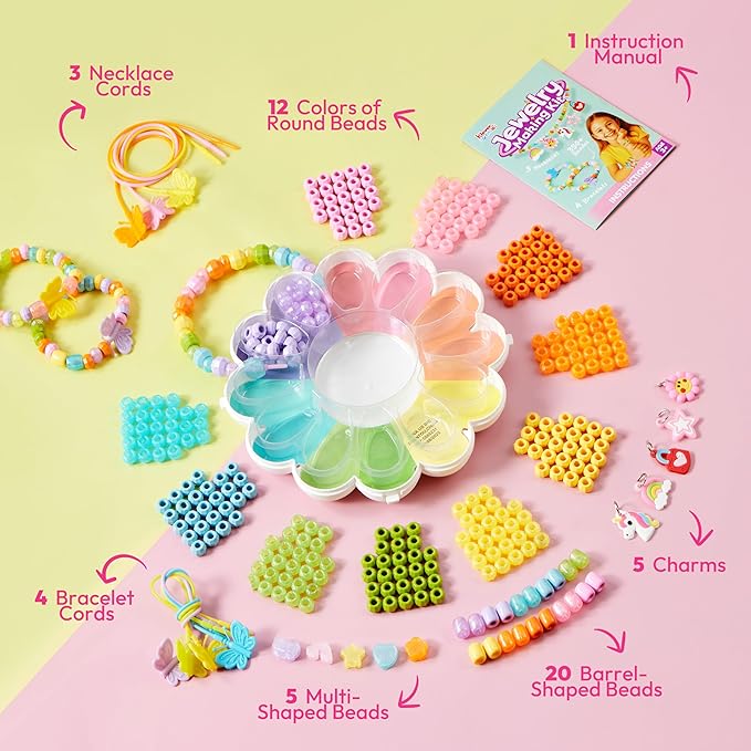 Klever Kits Jewelry Making Kit, Bracelet Making Kit with Bead, Kids Jewelry Bracelet Kit, DIY Kit with 350+ Colorful Beads, Flower-Shaped Storage Case, Crafts Gifts for Girls Ages 3+ by JOVA