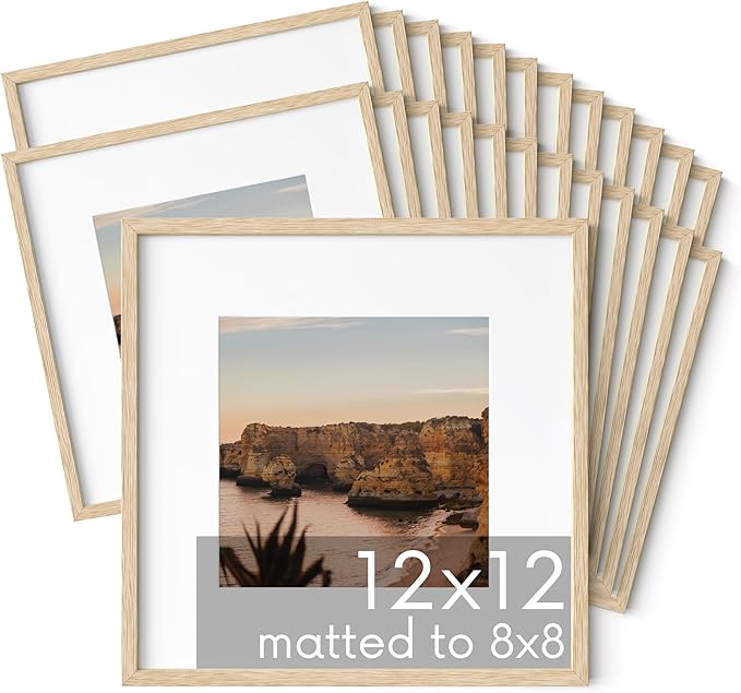 HAUS AND HUES Beige Oak Wood 12x12 Picture Frames - Set of 25, Square Frames with Mat, Modern Frames for Gallery Wall Display (12x12 in, Beige, Set of 25)