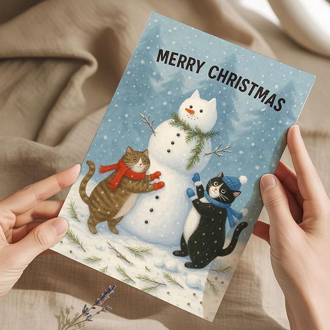 (5.3x8in) Merry Christmas Card with Envelope, Cute Cats Building Snowman Illustration, Cozy Winter Holiday Greeting for Friends, Family, Cat Lovers, and Animal Enthusiasts (Xmas 31)