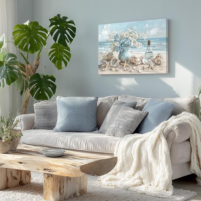 LLEEMPI Framed Coastal Beach Wall Art, Seashell Starfish Ocean Wall Decor, Shell Floral Sea Canvas Print, Blue Sky White Cloud Landscape Poster Print for Bathroom Bedroom Office 12x16 Inch