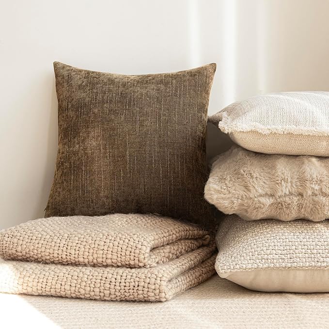 Foindtower Pack of 2 Soft Textured Chenille Throw Decorative Pillow Covers Square Accent Solid Cushion Cover Neutral Farmhouse Pillow Case for Couch Sofa Bedroom Living Room 18x18 Inch,Taupe Brown