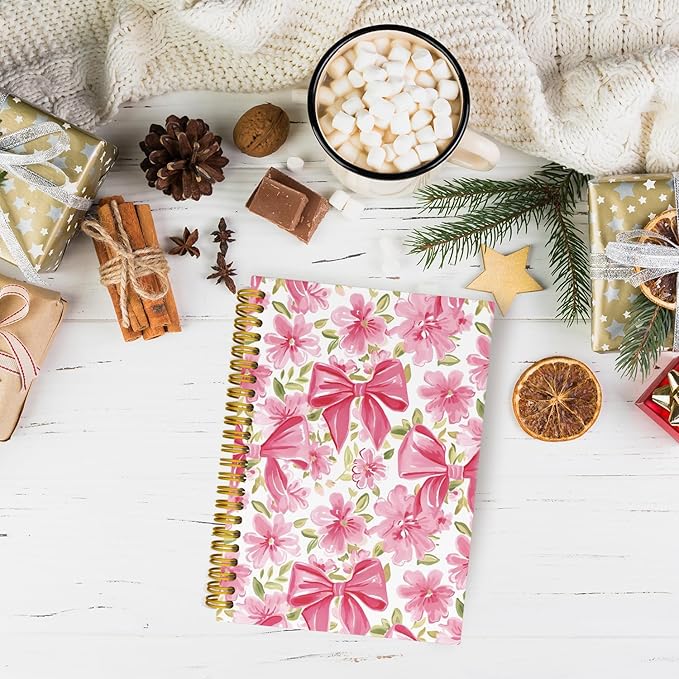 Coquette Pink Bow Floral Spiral Notebook For Women, Maximalist Journaling Notebooks, Cute Pink Notebook Journal, Pink Office Supplies, Hardcover Spiral Lined Notebook 5.5 x 8.3
