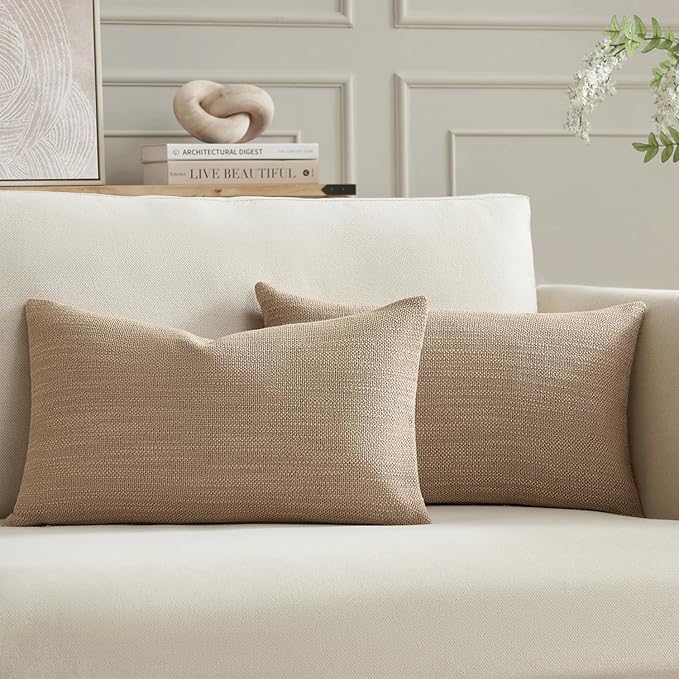 Meekio Set of 2 Linen Look Khaki Pillow Covers 12x20, Decorative Throw Pillow Covers for Couch, Sofa, Bed & Living Room Decor