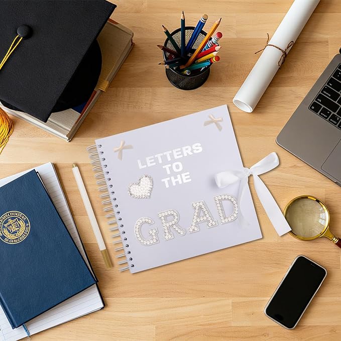 BINBE 8 x 8 Inch Letters to The Grad Scrapbook School Memory Book DIY Blank Paper Scrapbook Photo Album Book Sign with Pearl Stickers, Metallic Letters, Bows White