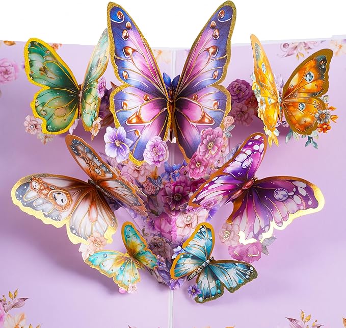 3D Bouquet Butterflys Purple Pop Up Thank you Card, Teacher Appreciation Card, Handmade Flowers Box Greeting Cards with Note and Envelope for New Year Anniversary