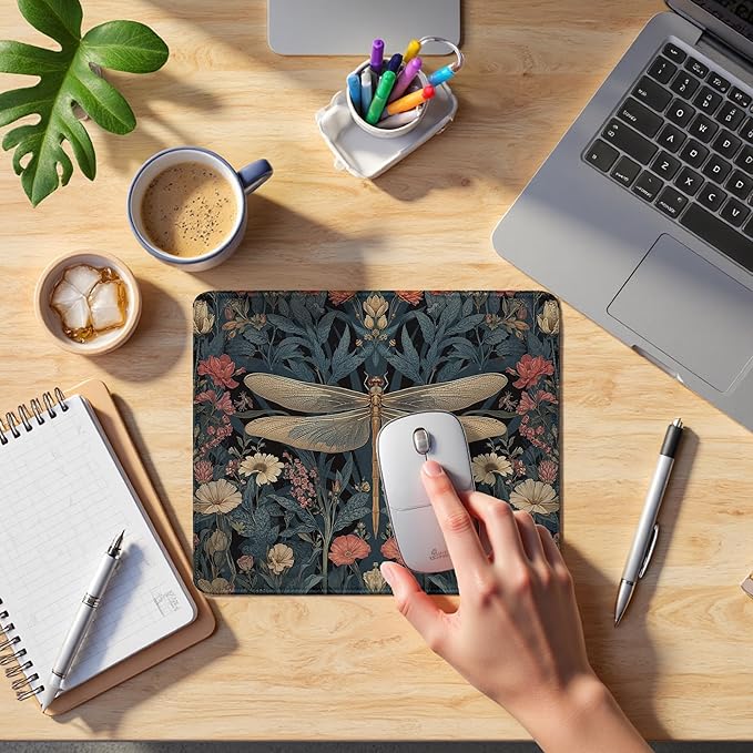 Moody Floral Dragonfly Mouse Pad,Dark Cottagecore Botanical Dragonfly Mouse Pads Mousepad for Desk Office Dorm Computers Laptop, Aesthetic Office Supplies Desk Accessories, 9.5x7.9 Inch,J079
