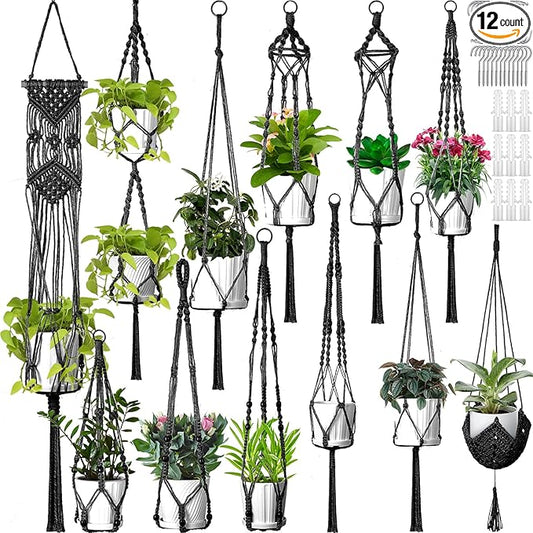 Hoteam 12 Pcs Macrame Plant Hangers Macrame Hanging Planters for Indoor Plants Handmade Boho Hanging Baskets Flower Pots Holder for Outdoor Home Wall Decor