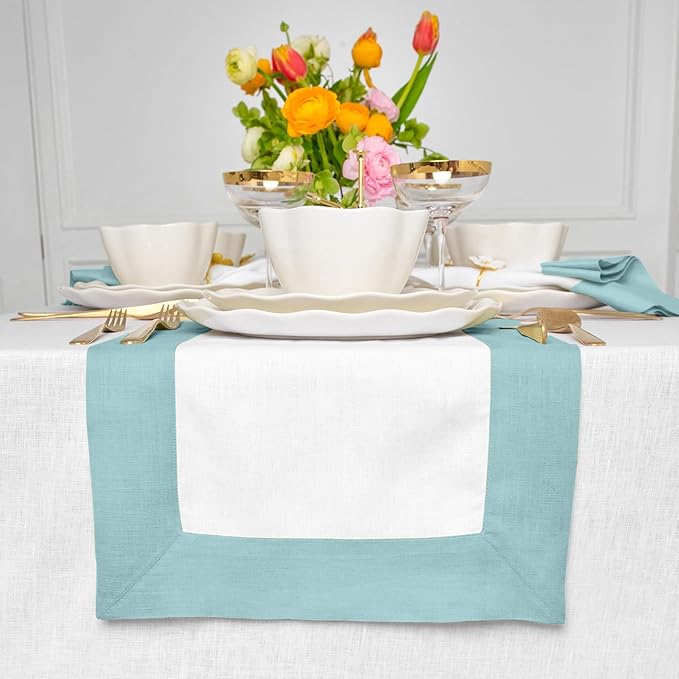 Solino Home Linen Table Runner 36 Inches - 100% Pure Linen Aqua Blue and White Short Table Runner 14 x 36 Inch Ideal for Dresser and Coffee Tables - Contempo, Winter, Spring, Easter