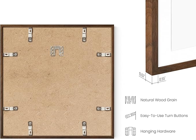 HAUS AND HUES Walnut Oak Wood 12x12 Picture Frames - Set of 6, Square Frames with Mat, Contemporary Frames for Wall Art and Photos (12x12 in, Walnut, Set of 6)