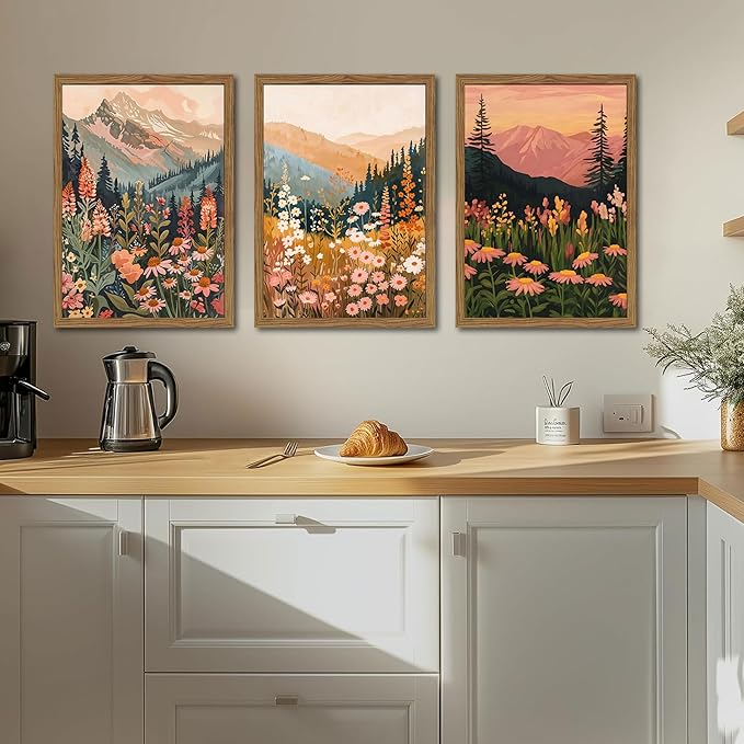 Boho Colorful Landscape Wall Art Set of 3, Vintage Wildflower Mountain Canvas Wall Decor Paintings, Rustic Nature Floral Pictures Prints for Living Room Bedroom 12x16 Inch Wood Framed