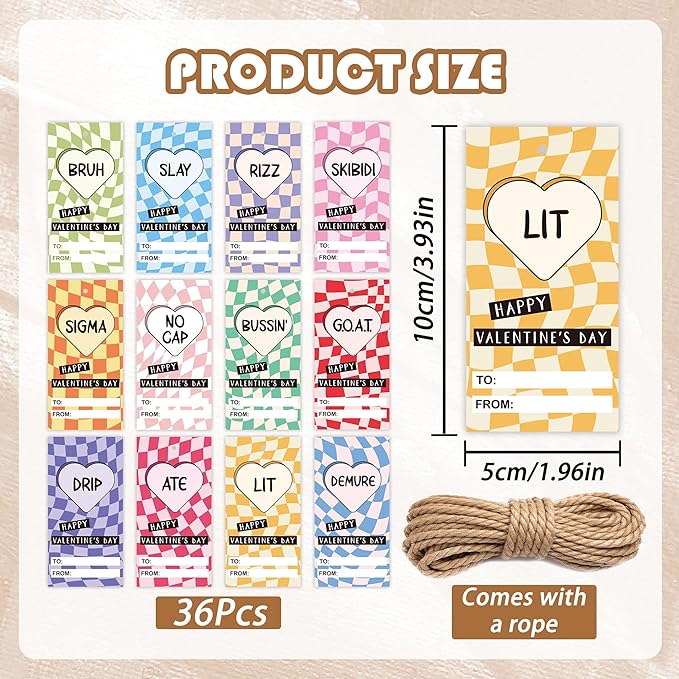 Tweens Slang Valentine’s Day Cards, 36 Pcs Funny Valentines Exchange School Set with Strings, Cool Teen Valentine Cards for School Class Party Favors Middle School Gift Ideas