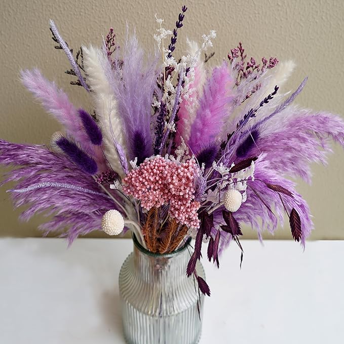 Natural Dried Pampas Prairie Bouquet, 17 "Natural Dried Bouquet, Purple Pampas and Millet Flower Mixed Bouquet Bohemian Style Family Wedding Dried Flower Decoration