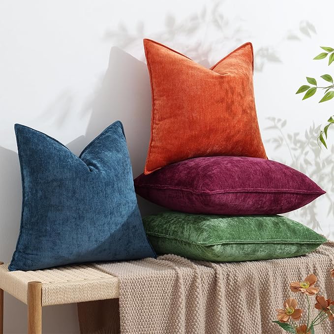 decorUhome Spring Couch Throw Pillow Covers 16x16 Set of 2, Decorative Soft Velvet Neutral Chenille Pillow Covers with Elegant Design for Sofa Bed Living Room Home Decor, Rhododendron