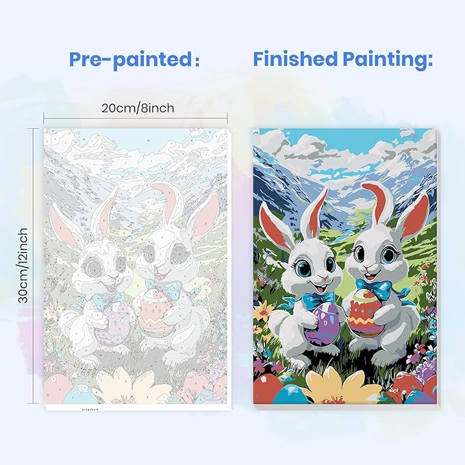 MXJSUA Easter Framed Paint by Numbers for Adults Beginners, Easy Adults' Paint-by-Number Kits on Canvas with Easel, White Bunnies Acrylic Number Painting Crafts Kits Gifts for Home Decor, 8x12inch